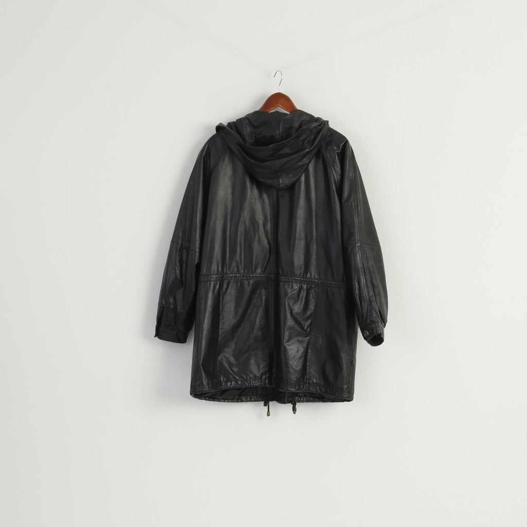 Vintage Women 42 L Leather Jacket Black Long Hooded Full Zipper Retro Oversize Top
