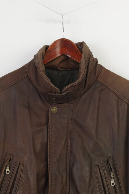 Trapper Hommes 52 L Veste En Cuir Vintage Marron Fermeture Éclair Complète Col Poches Haut