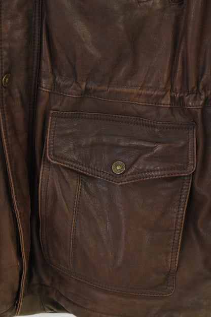 Trapper Men 52 L Leather Jacket Vintage  Brown Full Zipper Collar Pockets Top