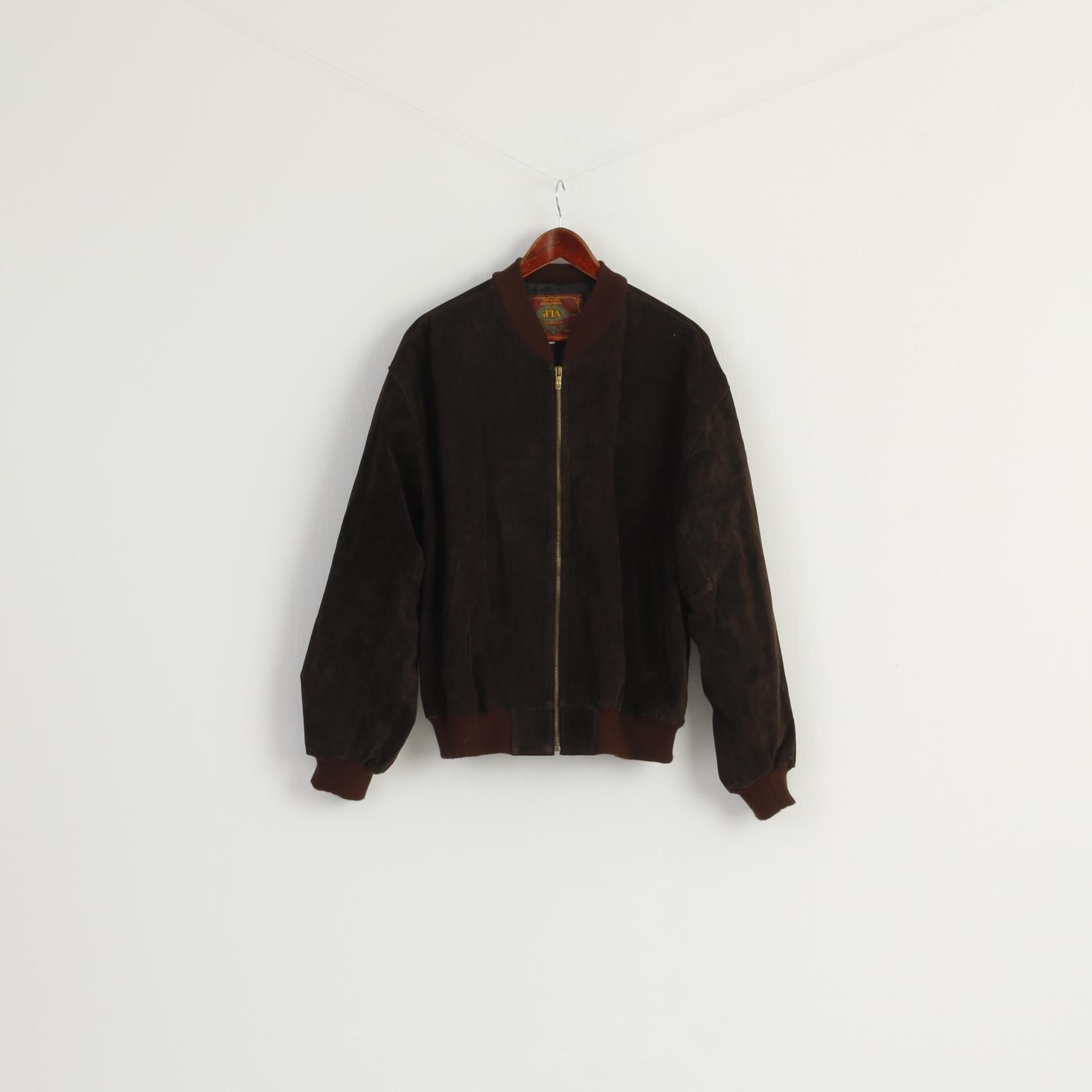 VIP Men XL Jacket Brown Leather Suede Italy Bomber Full Zipper Retro Top