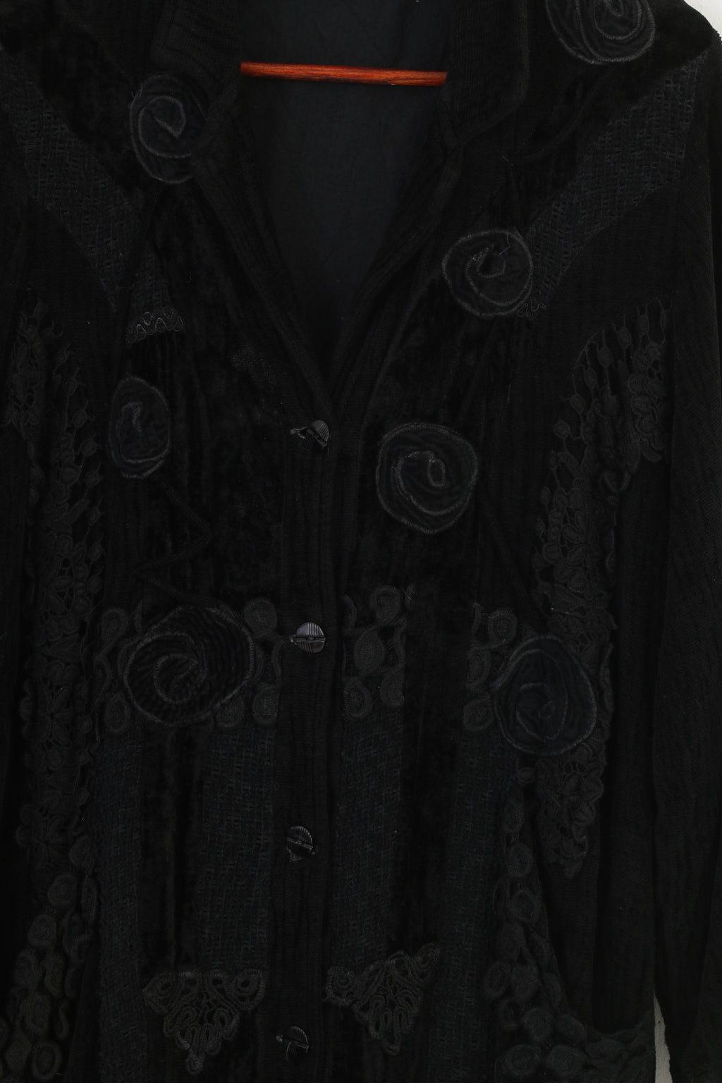 Tina Olsen Woman M Jacket Black Buttons Flowers Long Sleeve Collar Top