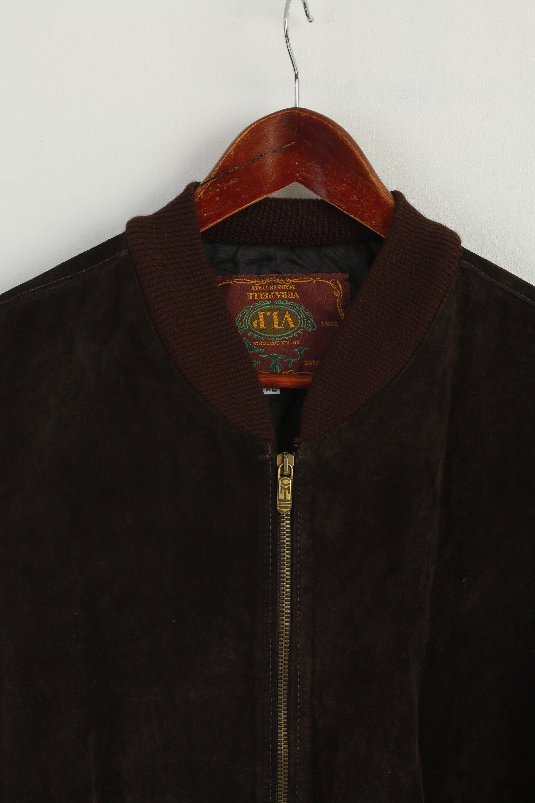 VIP Men XL Jacket Brown Leather Suede Italy Bomber Full Zipper Retro Top