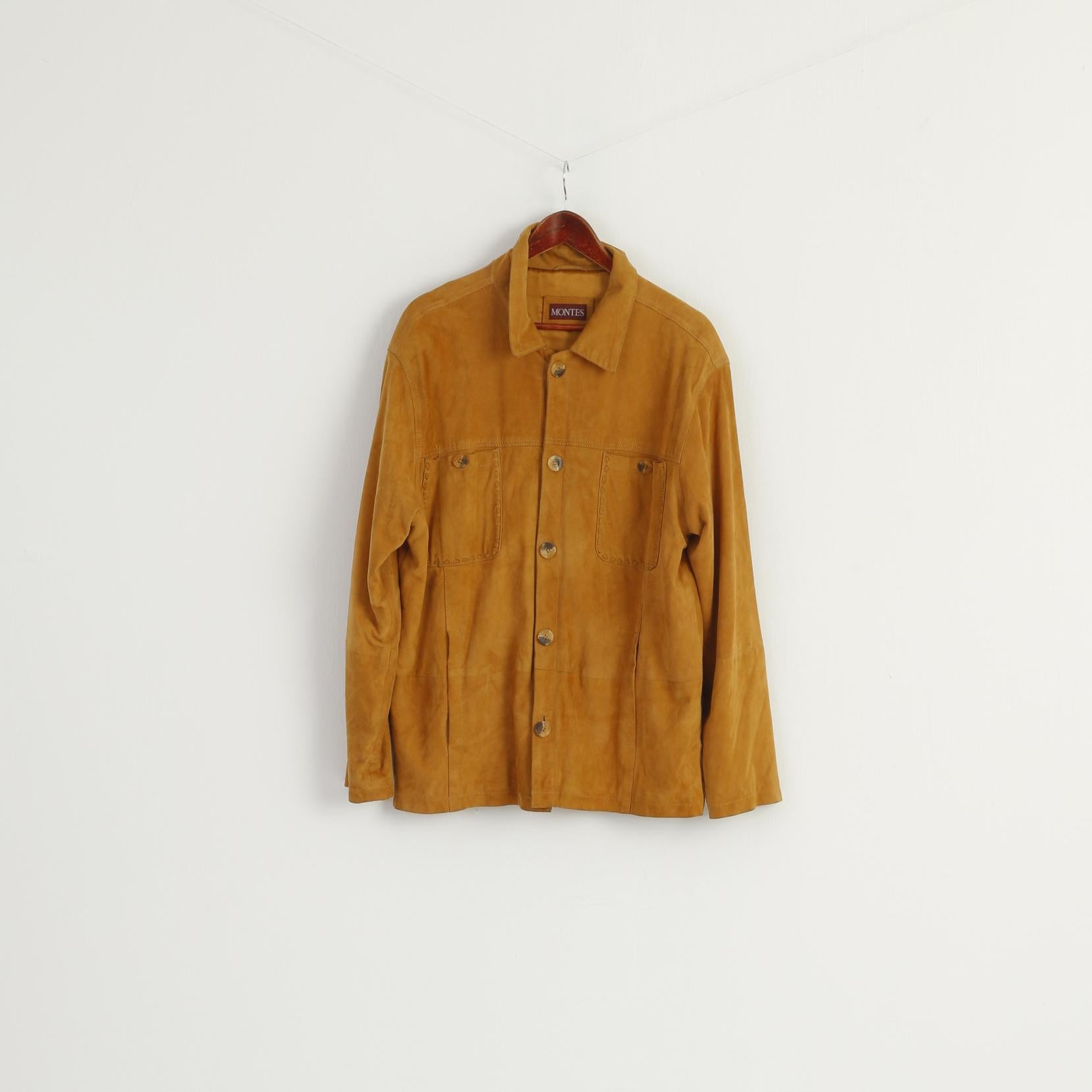 Montes Men 50 L Casual Shirt Camel Western 100% Leather Pockets Soft Top[