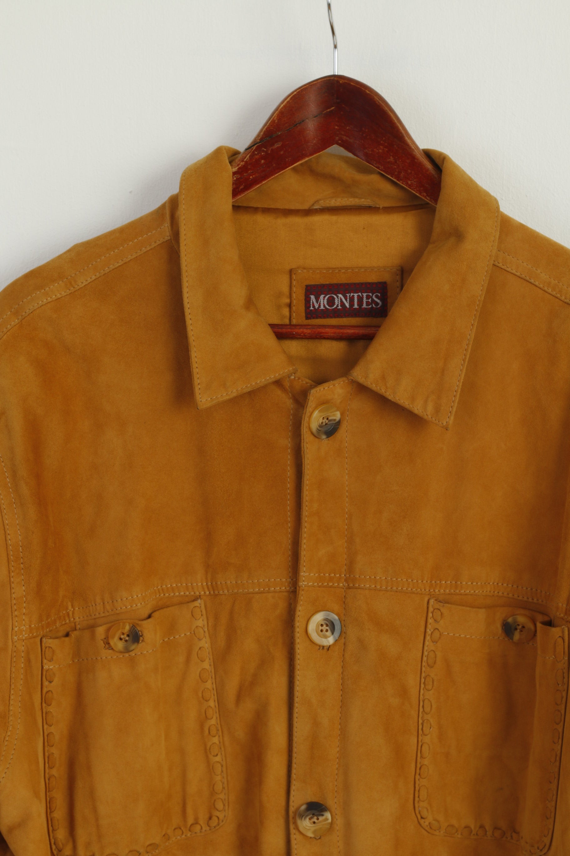 Montes Men 50 L Casual Shirt Camel Western 100% Leather Pockets Soft Top[