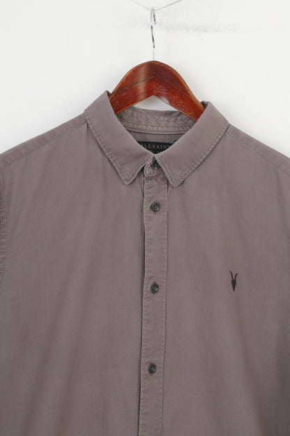 Allsaints Uomo L Camicia casual Colletto Grigio Manica media Bottoni Top elegante in cotone