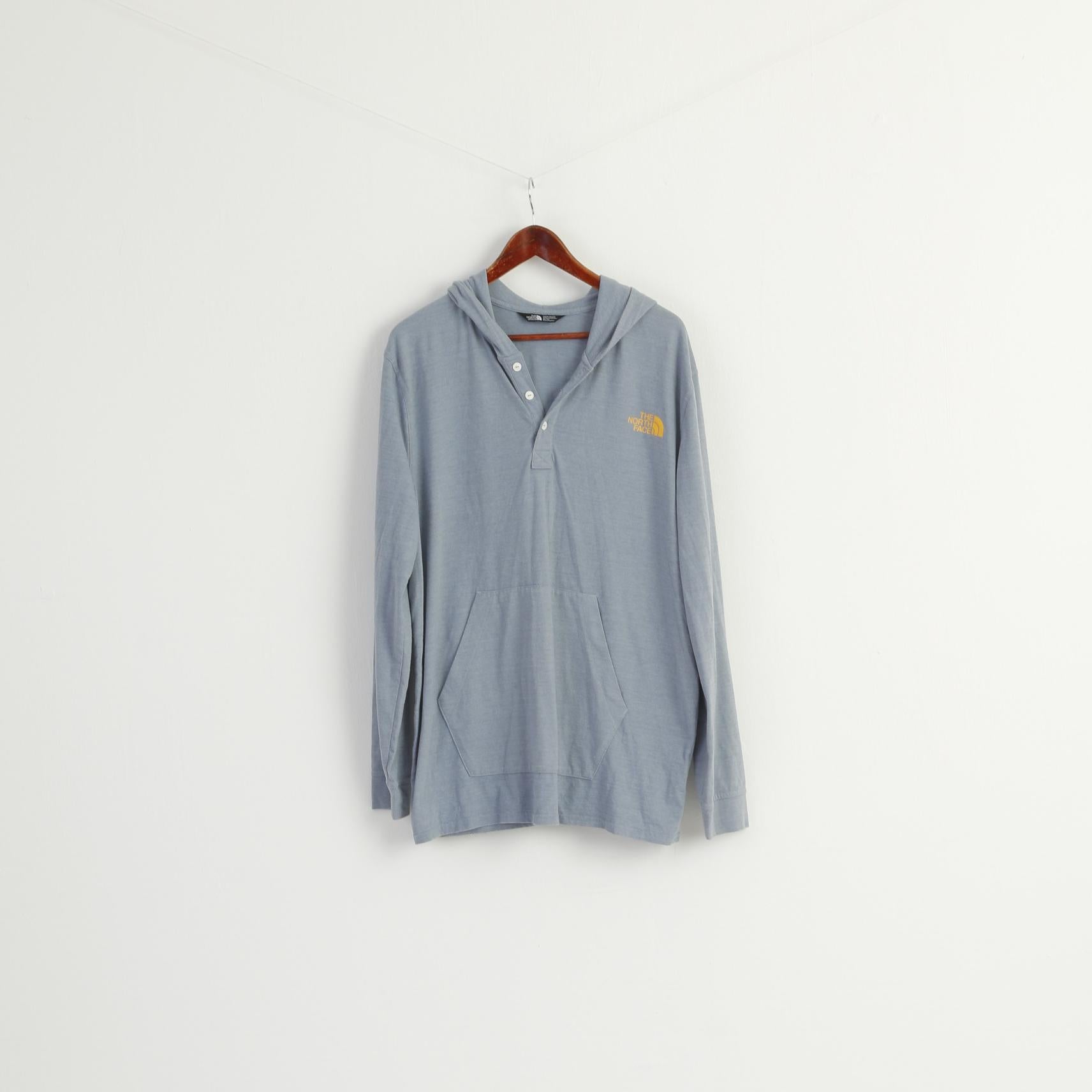 The North face Men XL Shirt Blue Cotton Hooded Long Sleeve Blouse Top