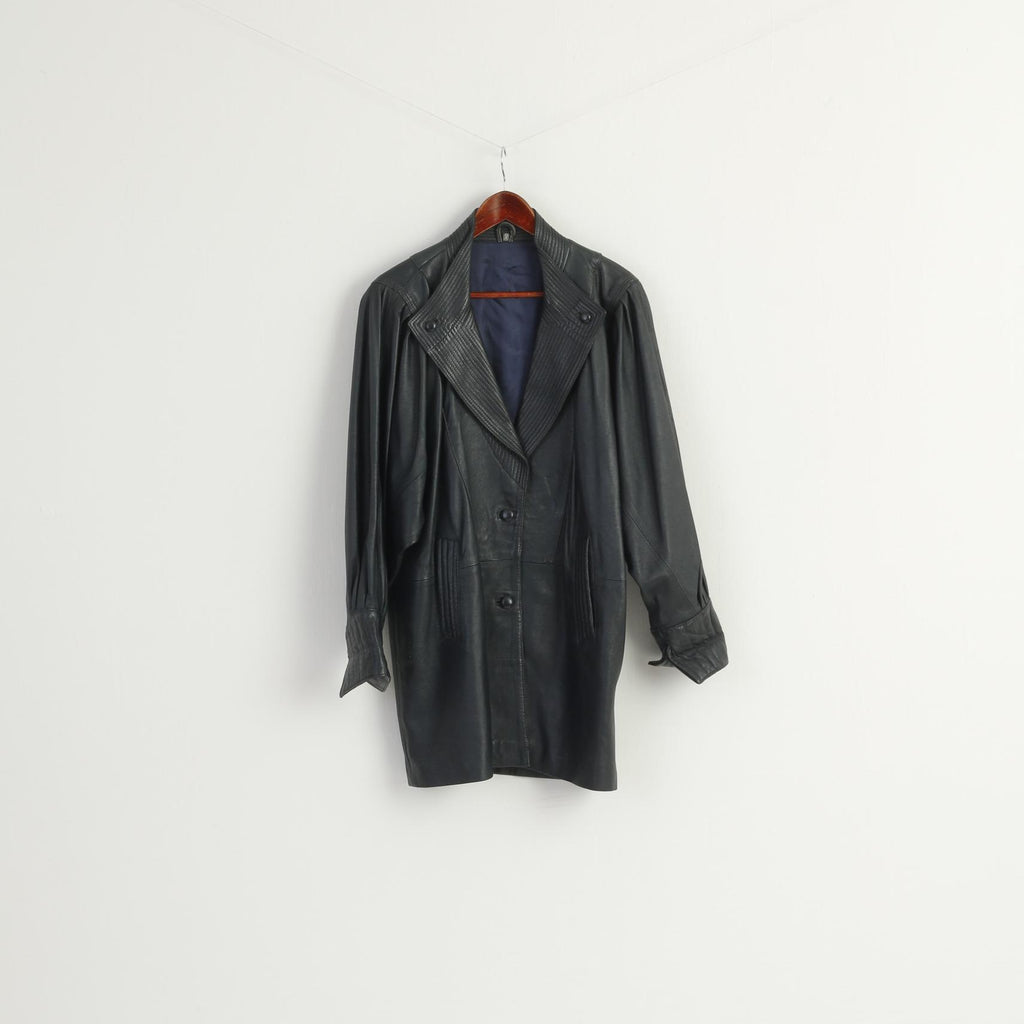 Vintage Women M Jacket Navy Soft Leather Bomber Oversize Buttoned Top