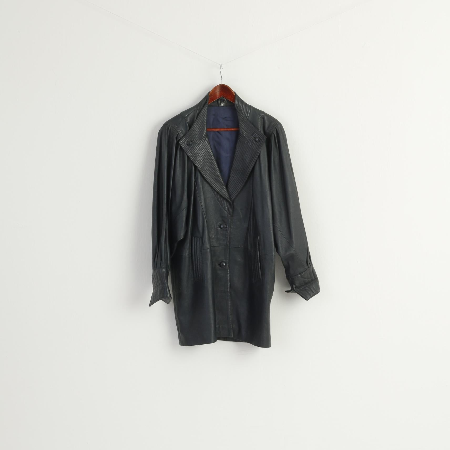 Vintage Women M Jacket Navy Soft Leather Bomber Oversize Buttoned Top