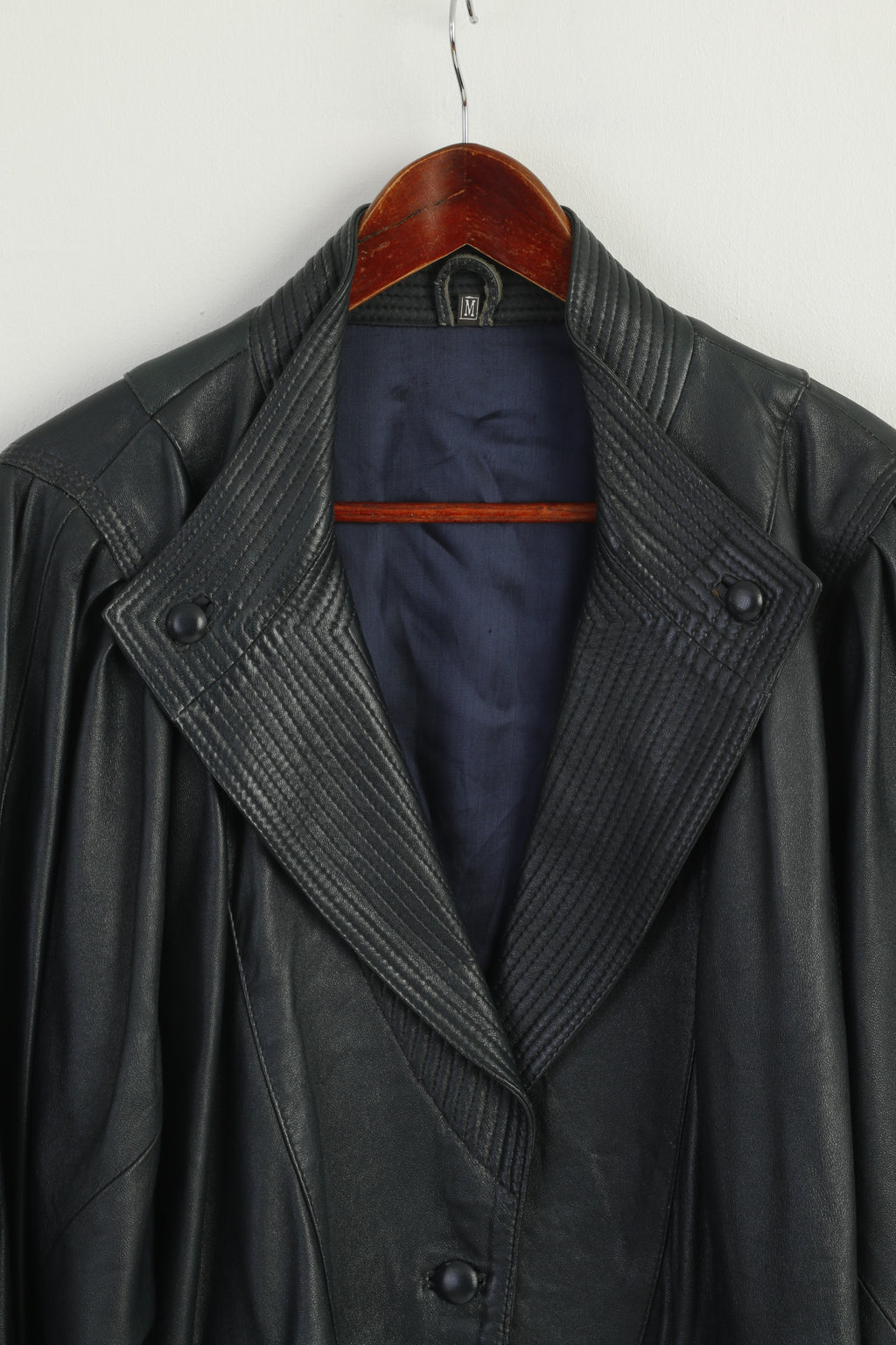 Vintage Women M Jacket Navy Soft Leather Bomber Oversize Buttoned Top