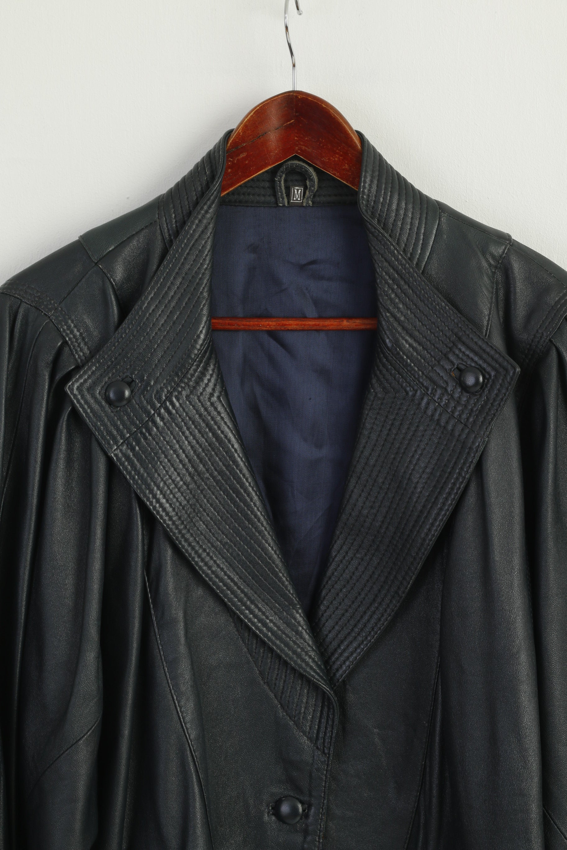 Vintage Women M Jacket Navy Soft Leather Bomber Oversize Buttoned Top