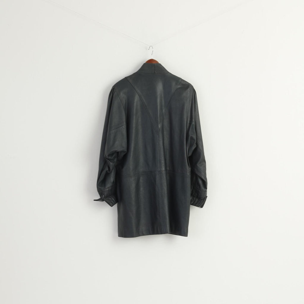 Vintage Women M Jacket Navy Soft Leather Bomber Oversize Buttoned Top