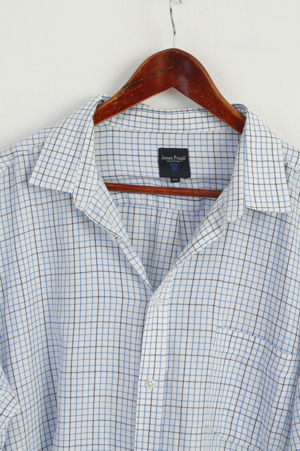 James Pringle Men XL Casual Shirt White Blue Check Cotton Long Sleeve Top