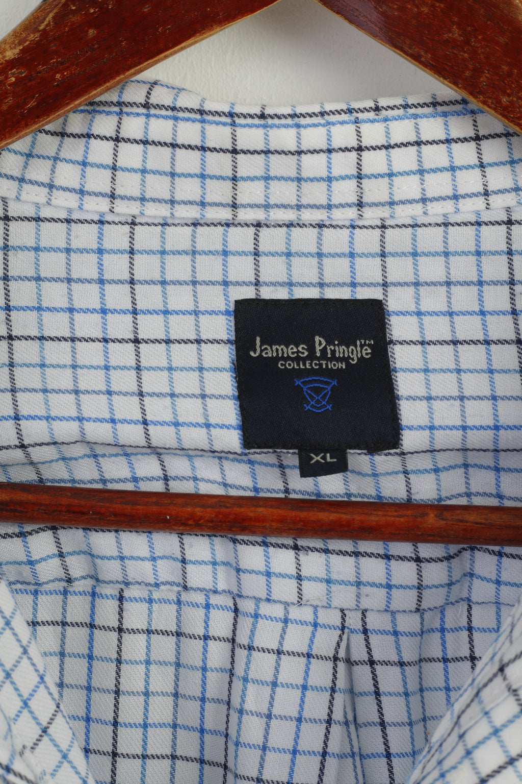 James Pringle Men XL Casual Shirt White Blue Check Cotton Long Sleeve Top