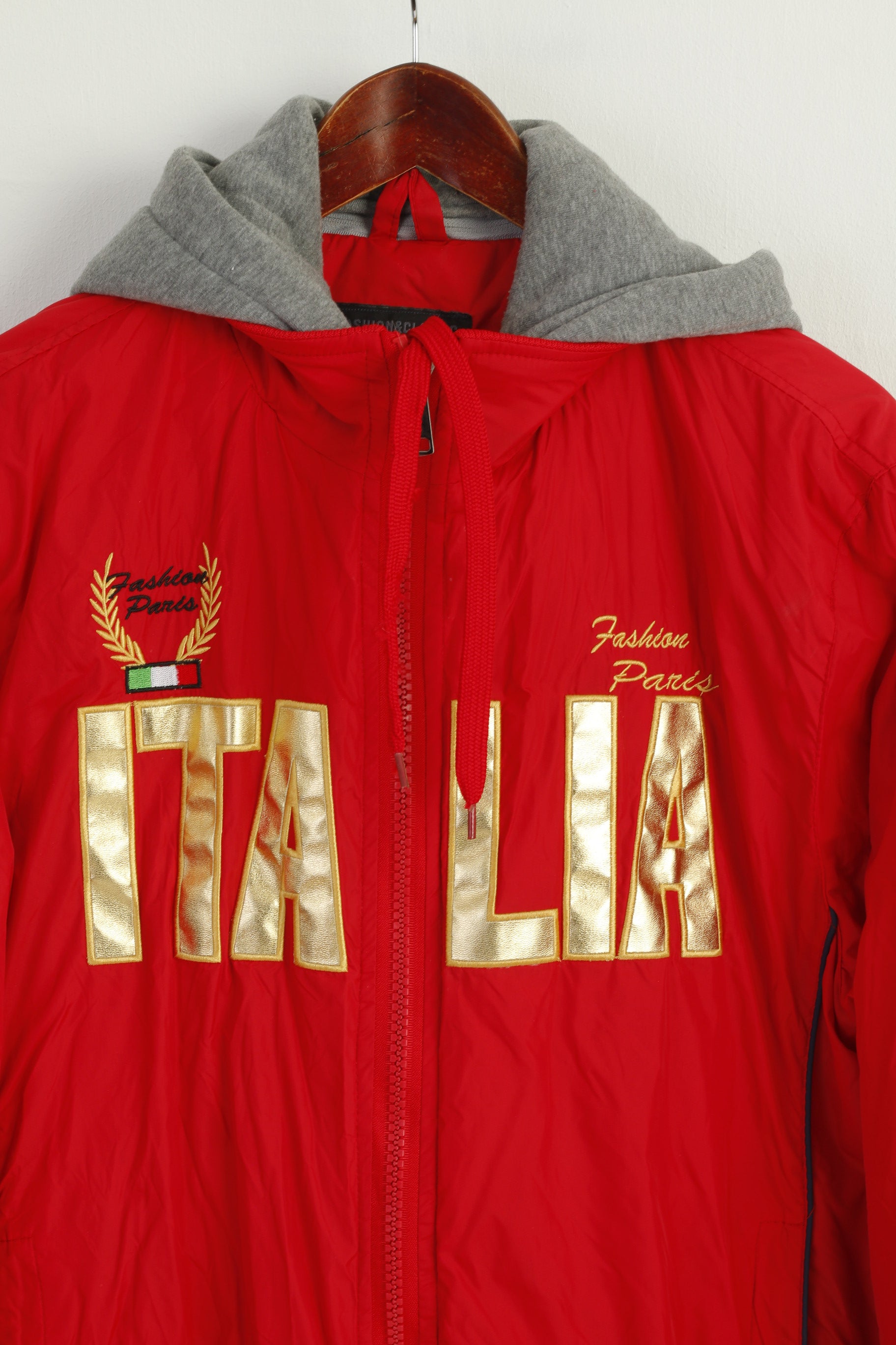 Q&A Women XXL Jacket Red Nylon Italia Hooded Full Zipper padded Unisex Top