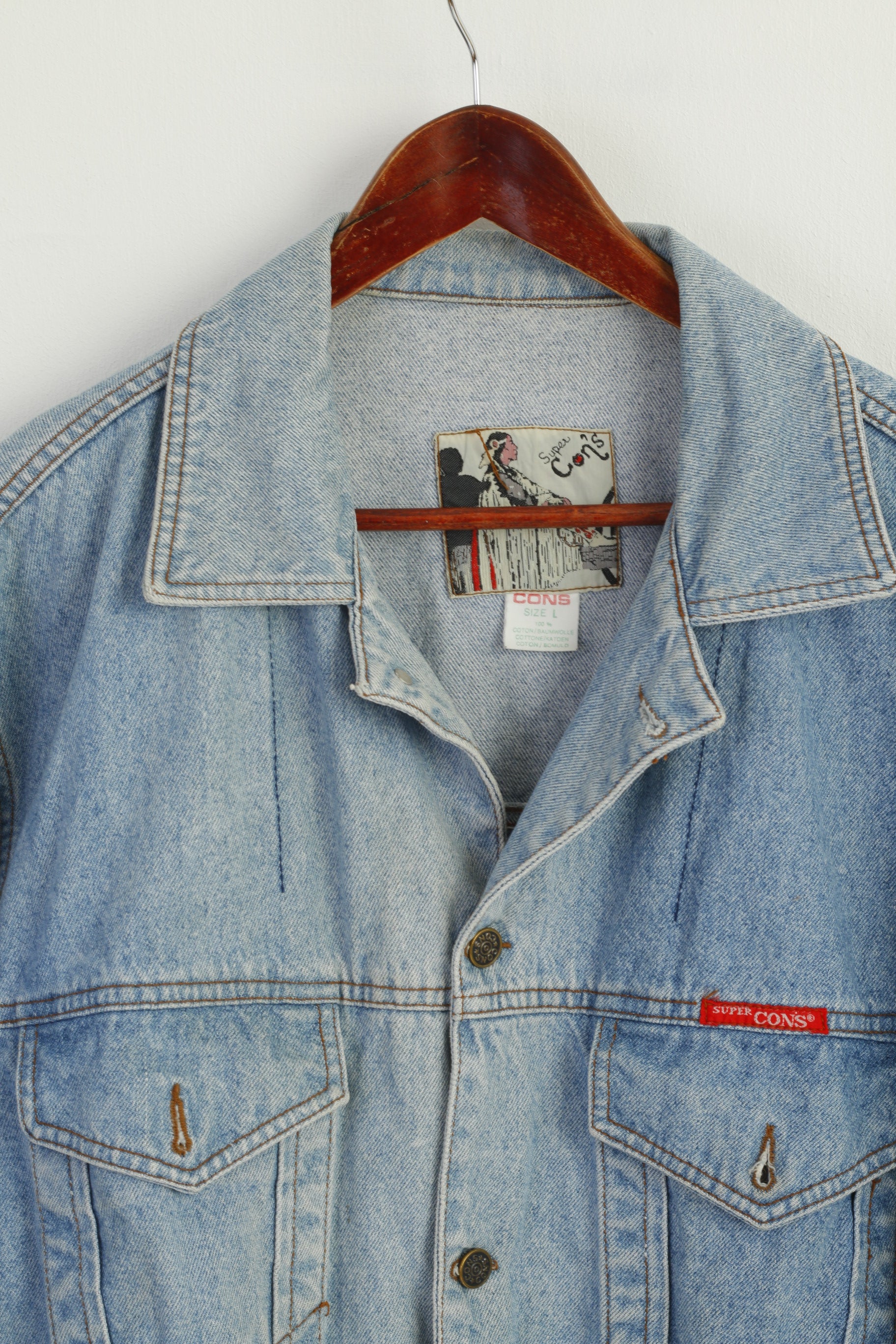 SUPER CONS Men L Denim Jacket Light Blue Cotton Vintage 90s Jeans Top