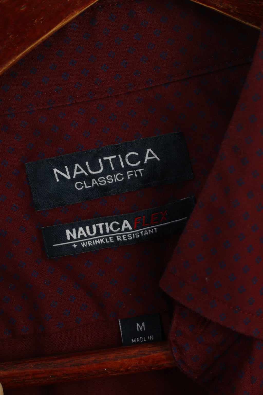 Nautica Men M Casual Shirt Maroon Cotton Classic Fit  Flex Long Sleeve Top