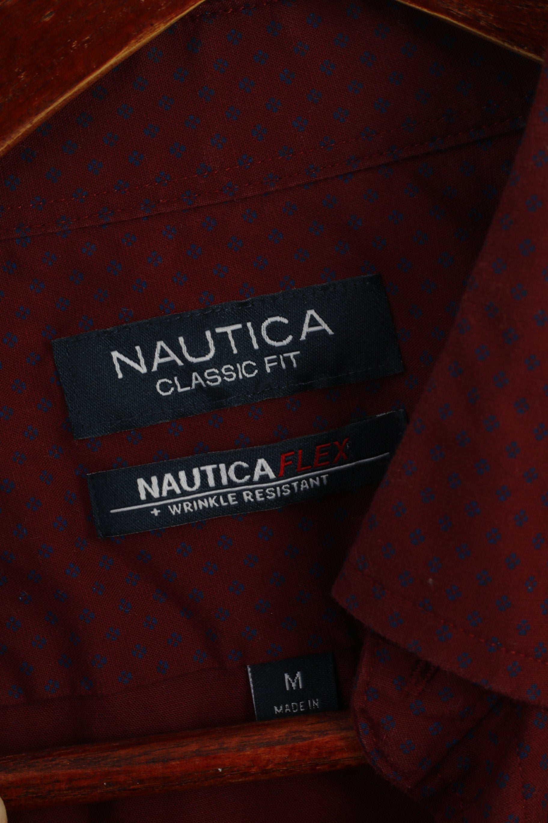 Nautica Men M Casual Shirt Maroon Cotton Classic Fit  Flex Long Sleeve Top