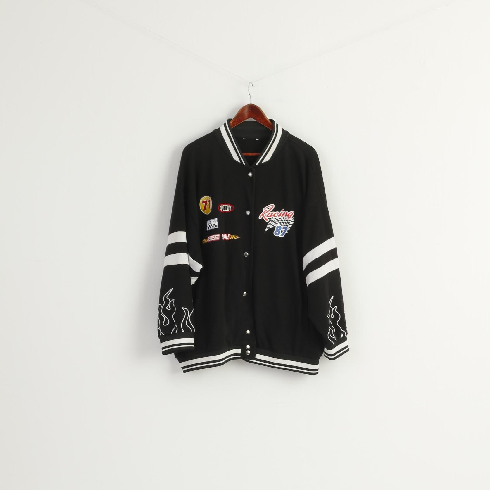 Racing 87 Women XXL Sweatshirt Black Cotton Emroidered Baseball Snap Top