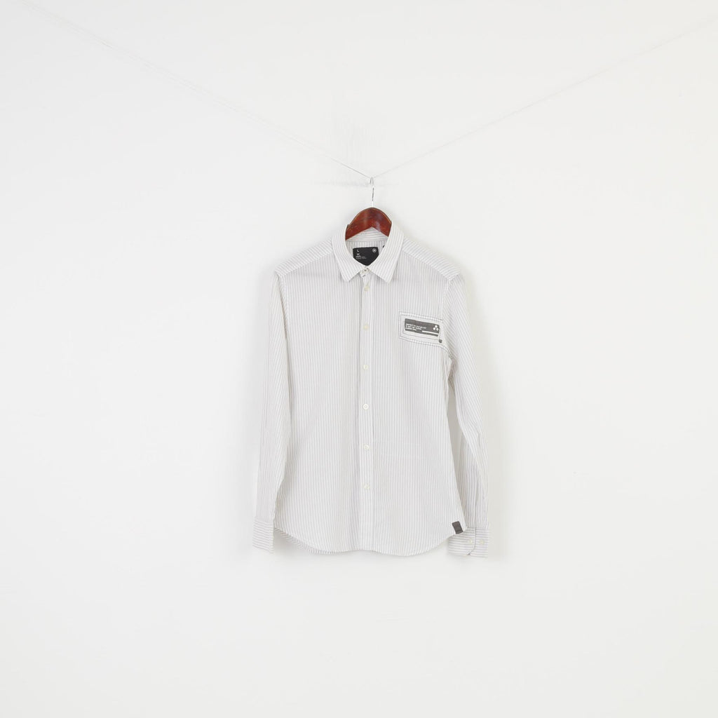G-Star Men L Casual Shirt Striped White Long Sleeve Cotton Elegant Top
