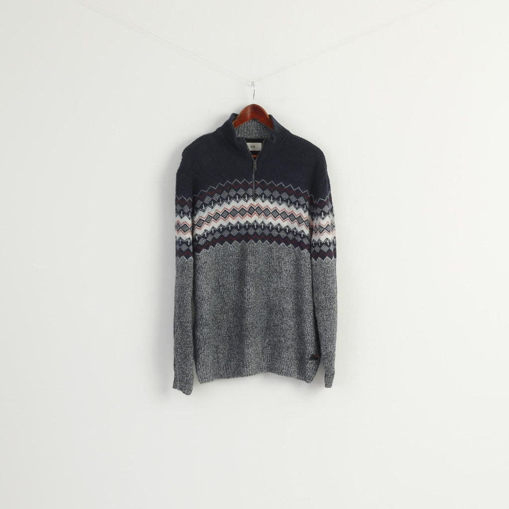 C&A Men XL Jumper Navy Cotton Zip Neck Winter Aztec Printed Sweater