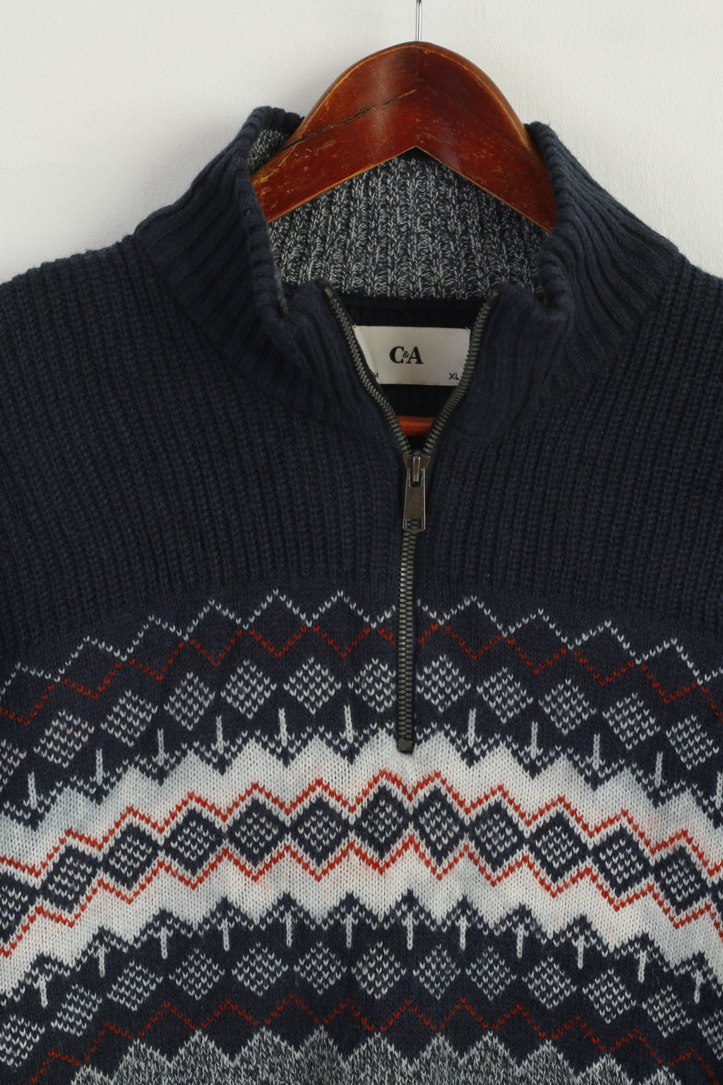 C&A Men XL Jumper Navy Cotton Zip Neck Winter Aztec Printed Sweater