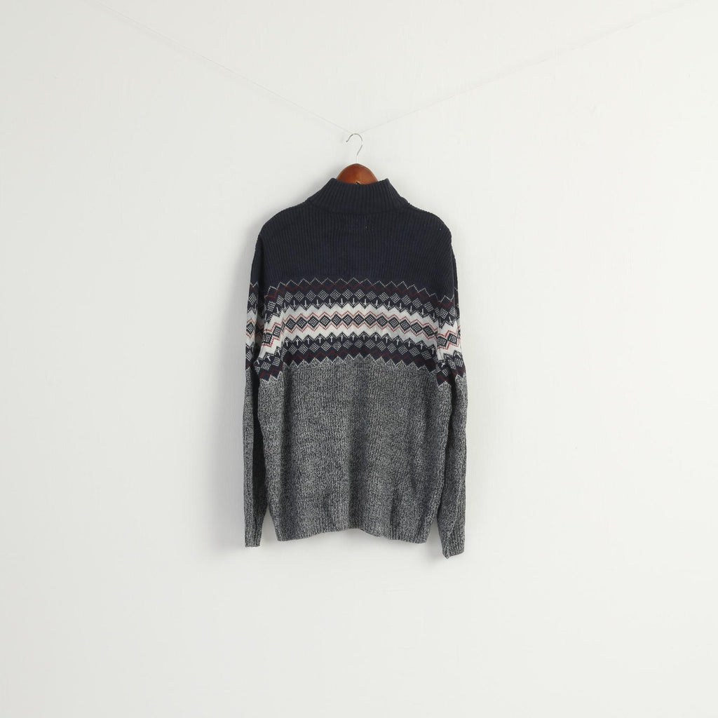 C&A Men XL Jumper Navy Cotton Zip Neck Winter Aztec Printed Sweater