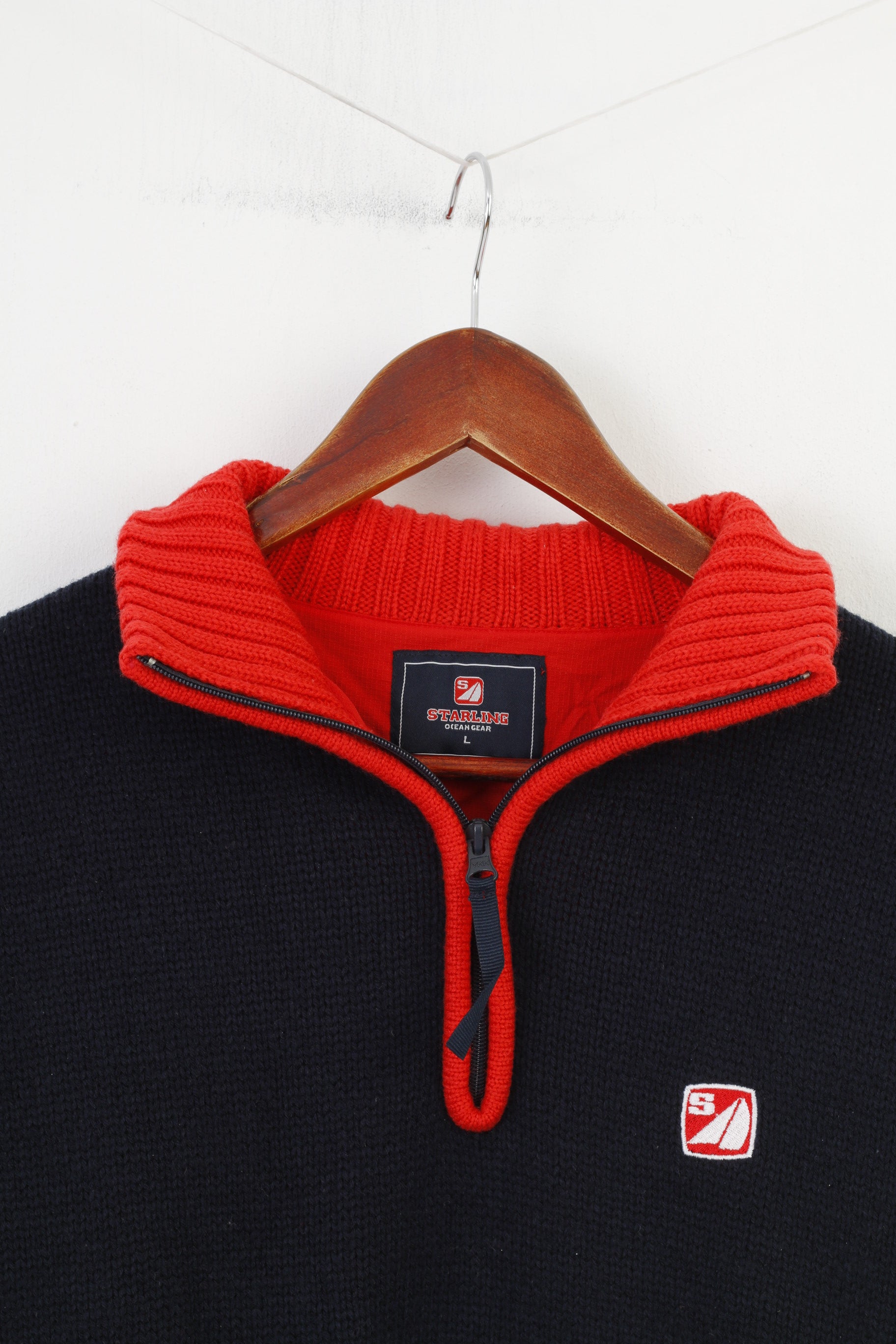 Starling Men L Jumper Navy Blue Collar Zip Neck Pockets Long Sleeve Ocean Gear Top