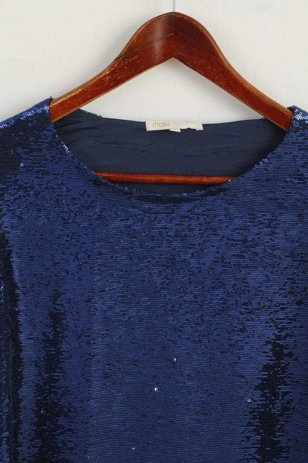 Maje Women 2 M Long Sleeved Shirt Navy Silver Sequin Crew Neck Top