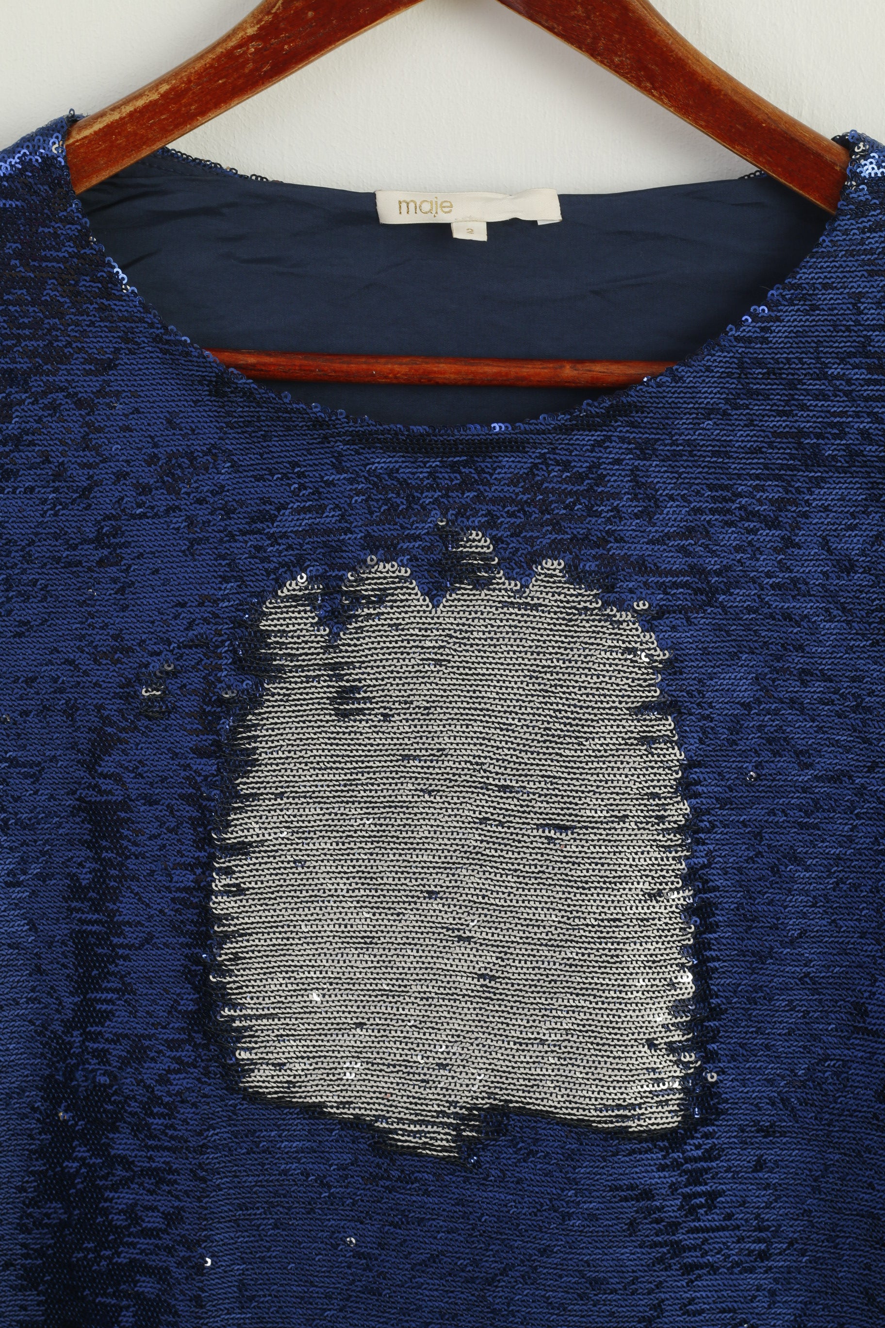 Maje Women 2 M Long Sleeved Shirt Navy Silver Sequin Crew Neck Top