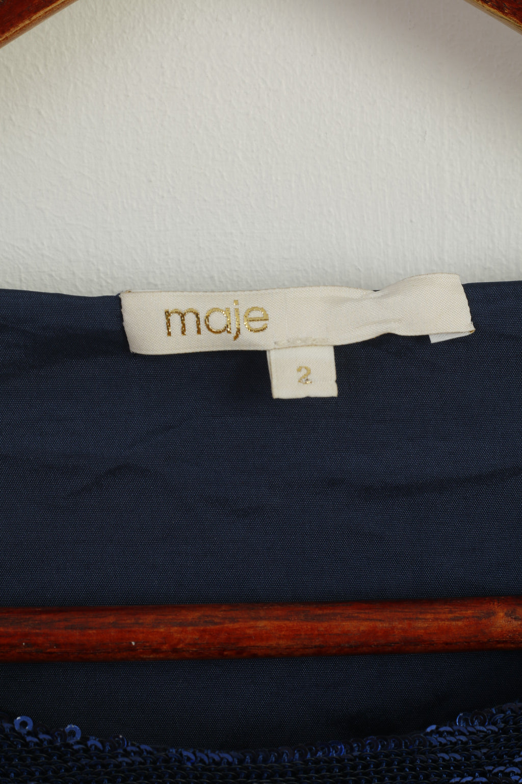 Maje Women 2 M Long Sleeved Shirt Navy Silver Sequin Crew Neck Top