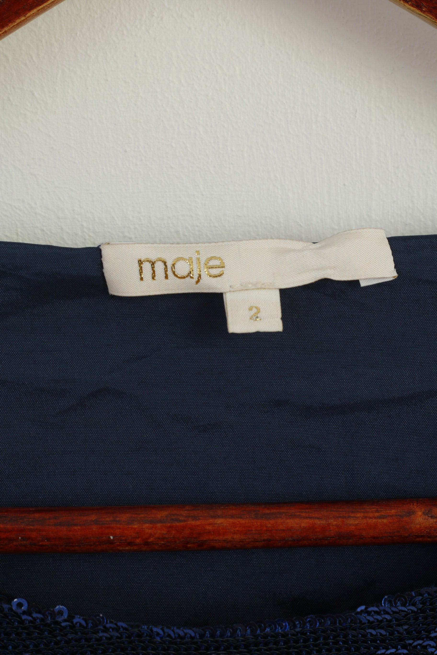 Maje Women 2 M Long Sleeved Shirt Navy Silver Sequin Crew Neck Top