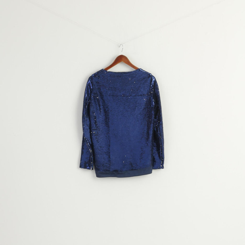 Maje Women 2 M Long Sleeved Shirt Navy Silver Sequin Crew Neck Top