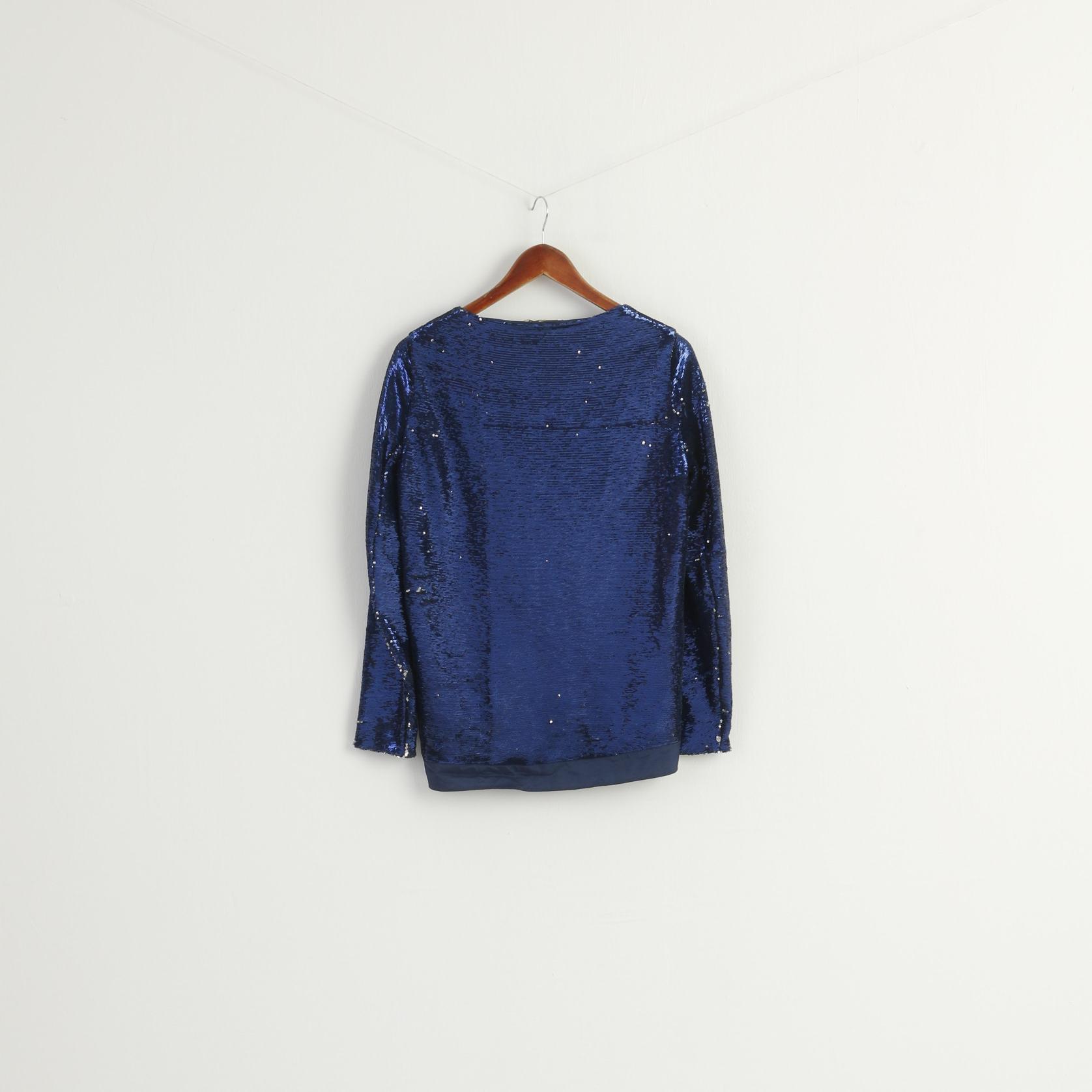 Maje Women 2 M Long Sleeved Shirt Navy Silver Sequin Crew Neck Top