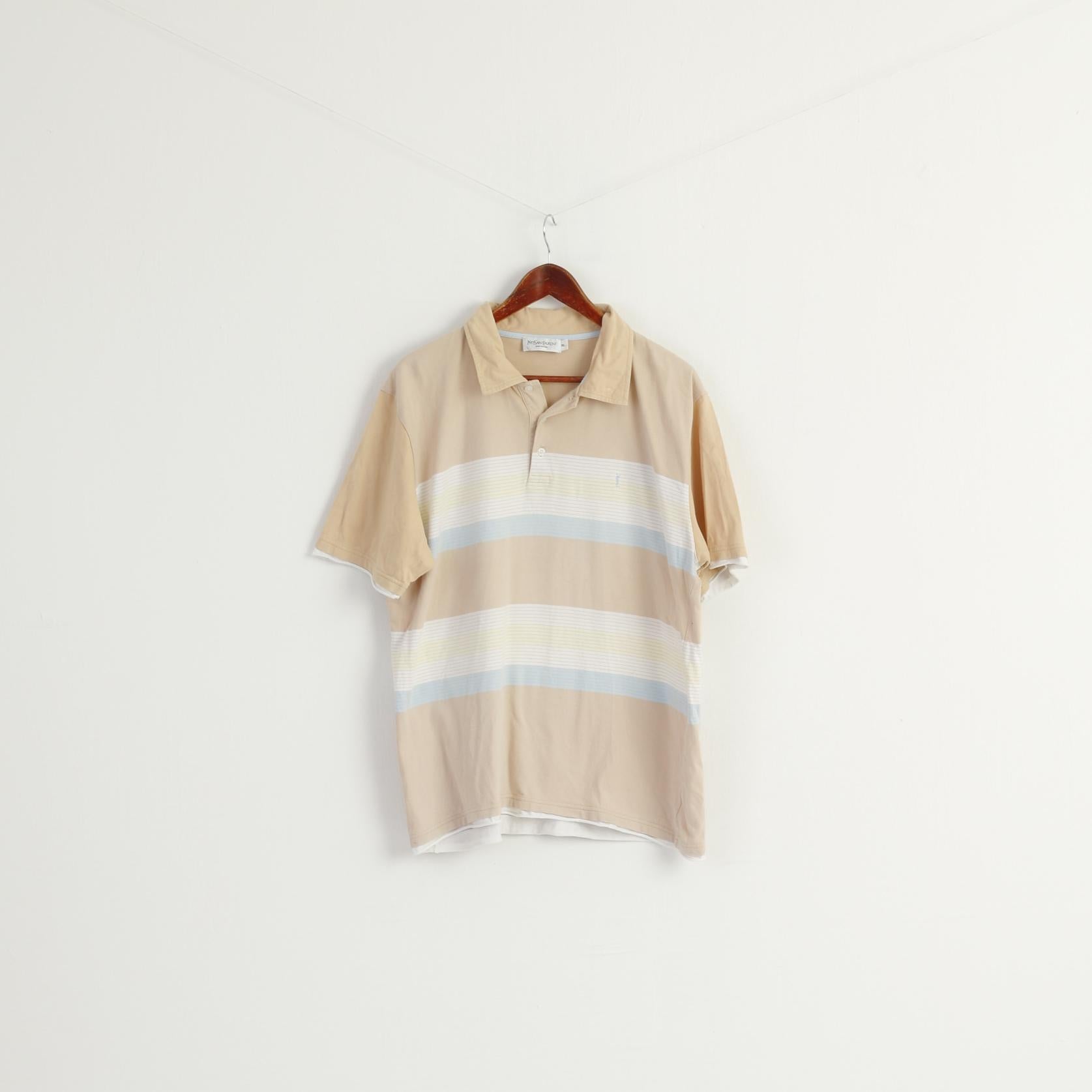 Yves Saint Laurent Men XXL Polo Shirt Beige Cotton Vintage Classit Detailed Buttons Top