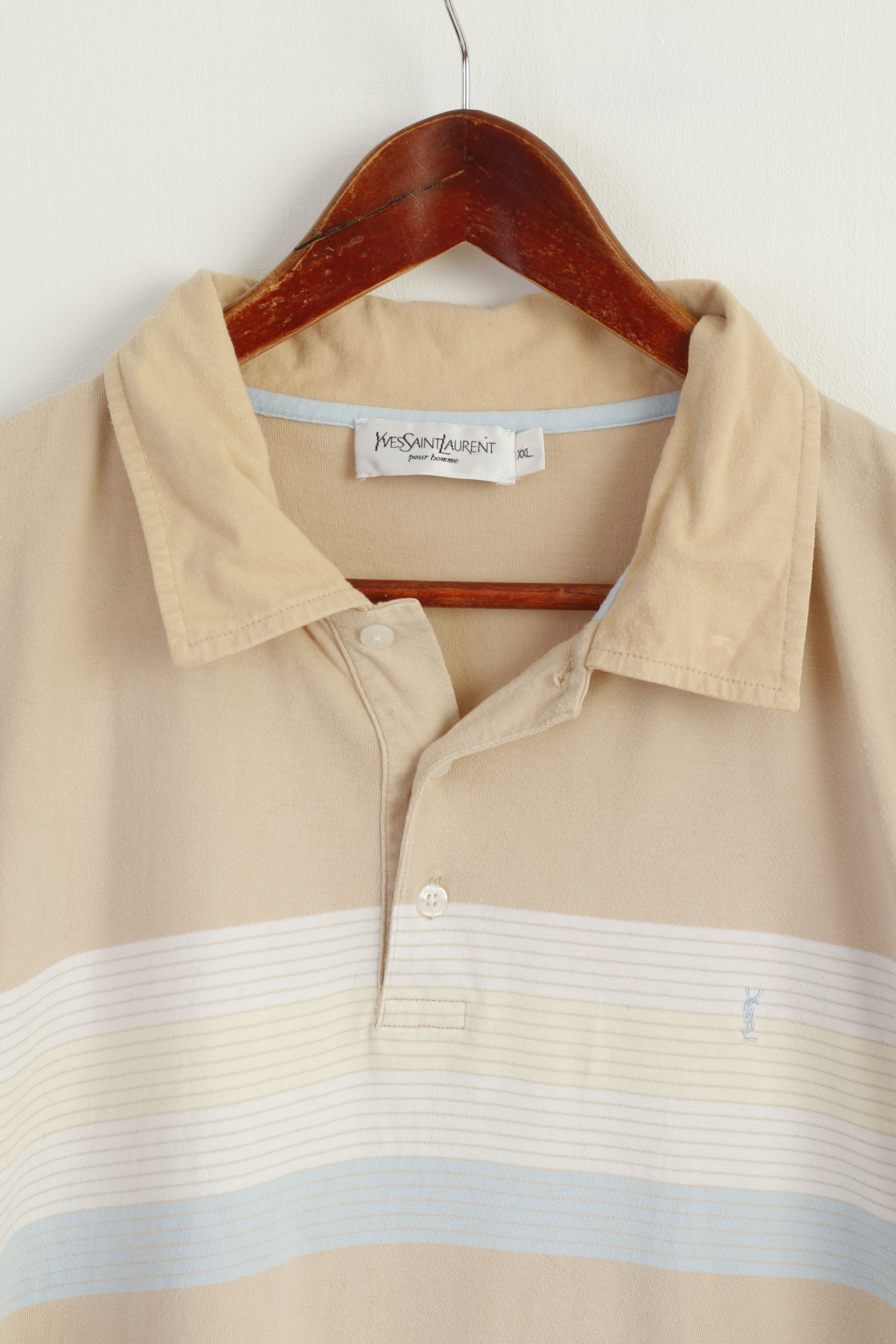 Yves Saint Laurent Men XXL Polo Shirt Beige Cotton Vintage Classit Detailed Buttons Top