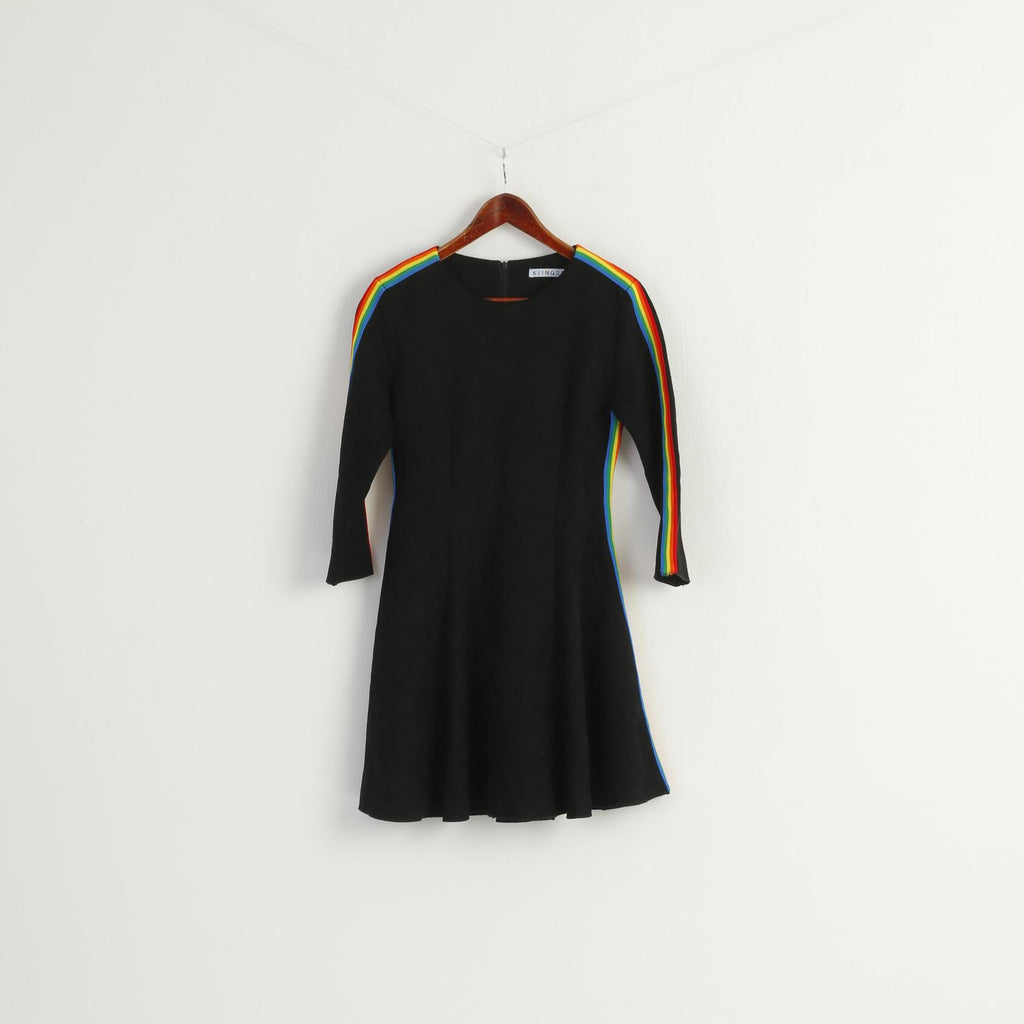 KLING Women 3 M Mini Dress Black Long Sleeve Rainbow Stripes Crew Neck