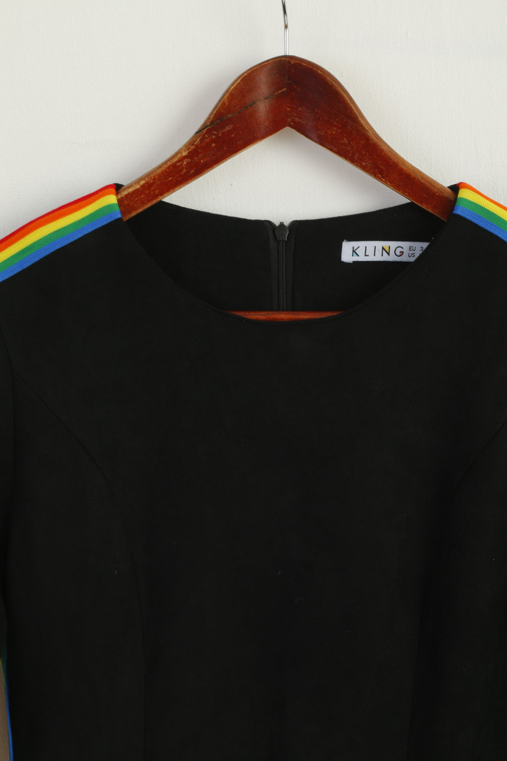 KLING Women 3 M Mini Dress Black Long Sleeve Rainbow Stripes Crew Neck