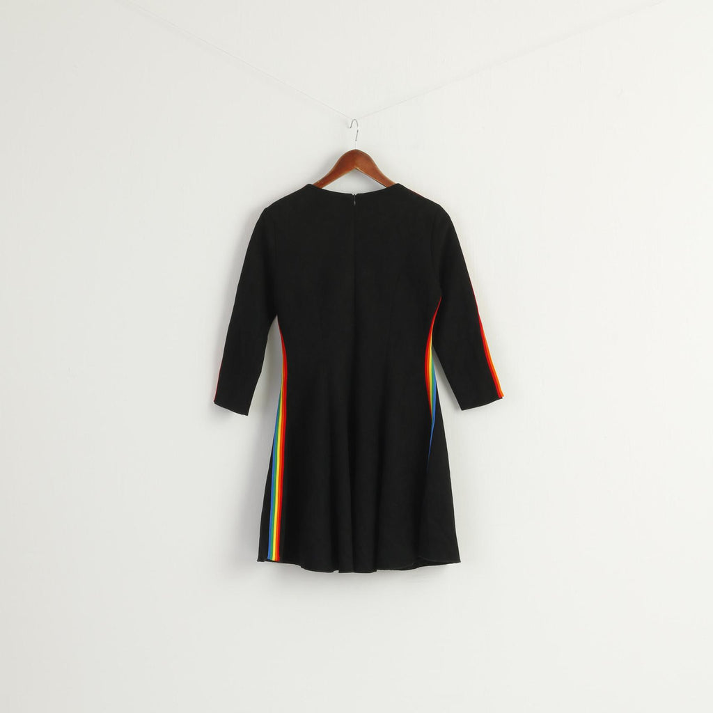 KLING Women 3 M Mini Dress Black Long Sleeve Rainbow Stripes Crew Neck