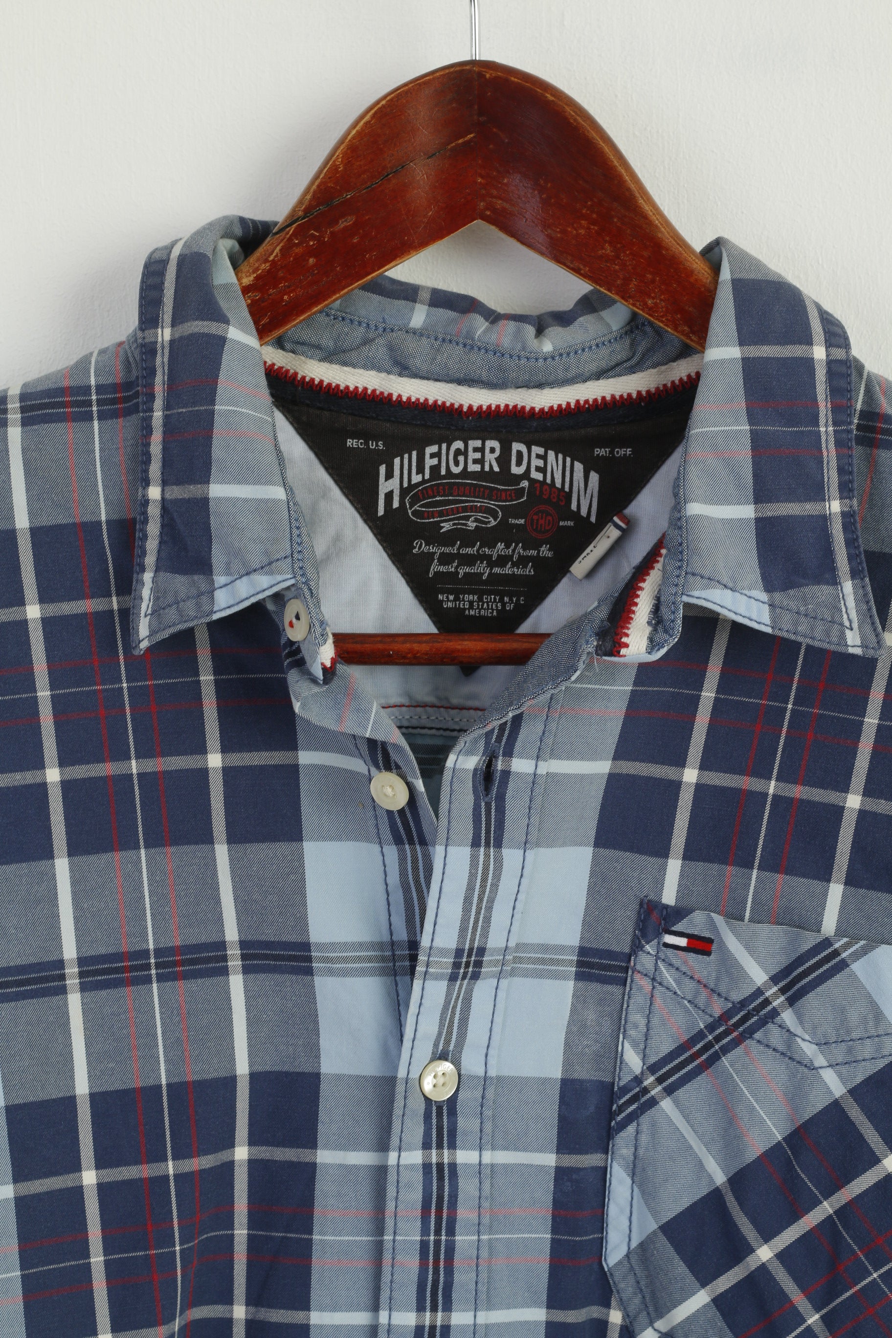 Hilfiger Denim Men S Casual Shirt Blue Check Cotton Vintage Long Sleeve Top