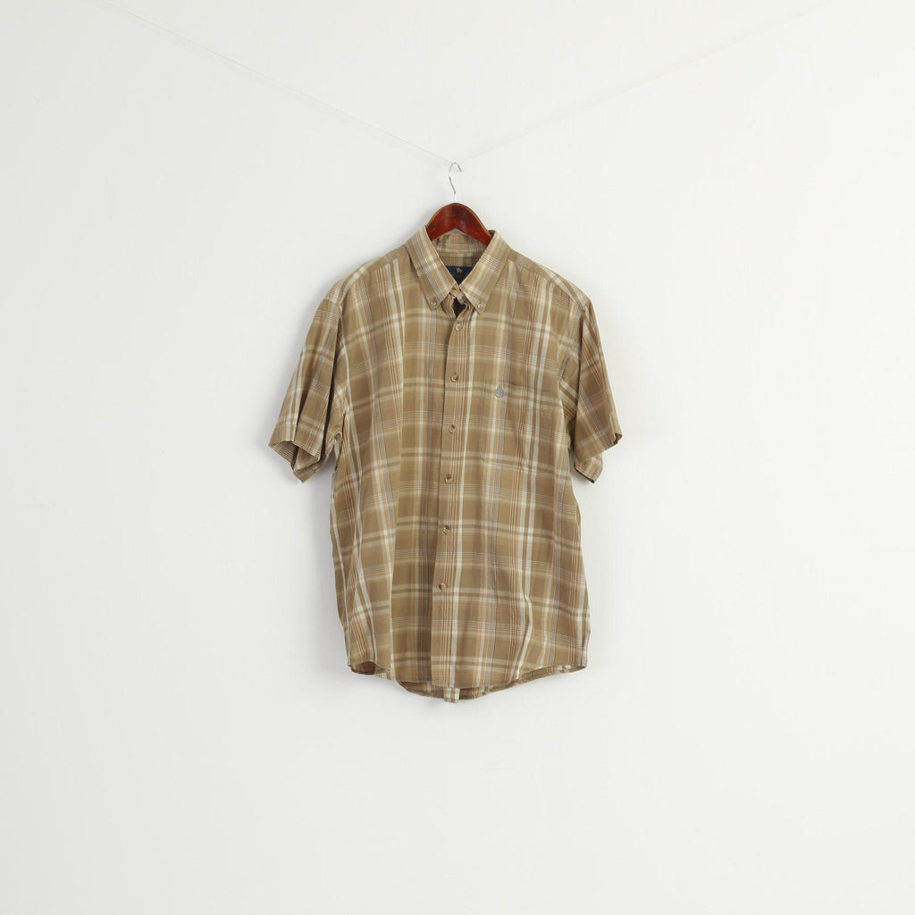 Mc Gordon Men L Casual Shirt Brown Check Cotton Western Vintage Short Sleeve Top