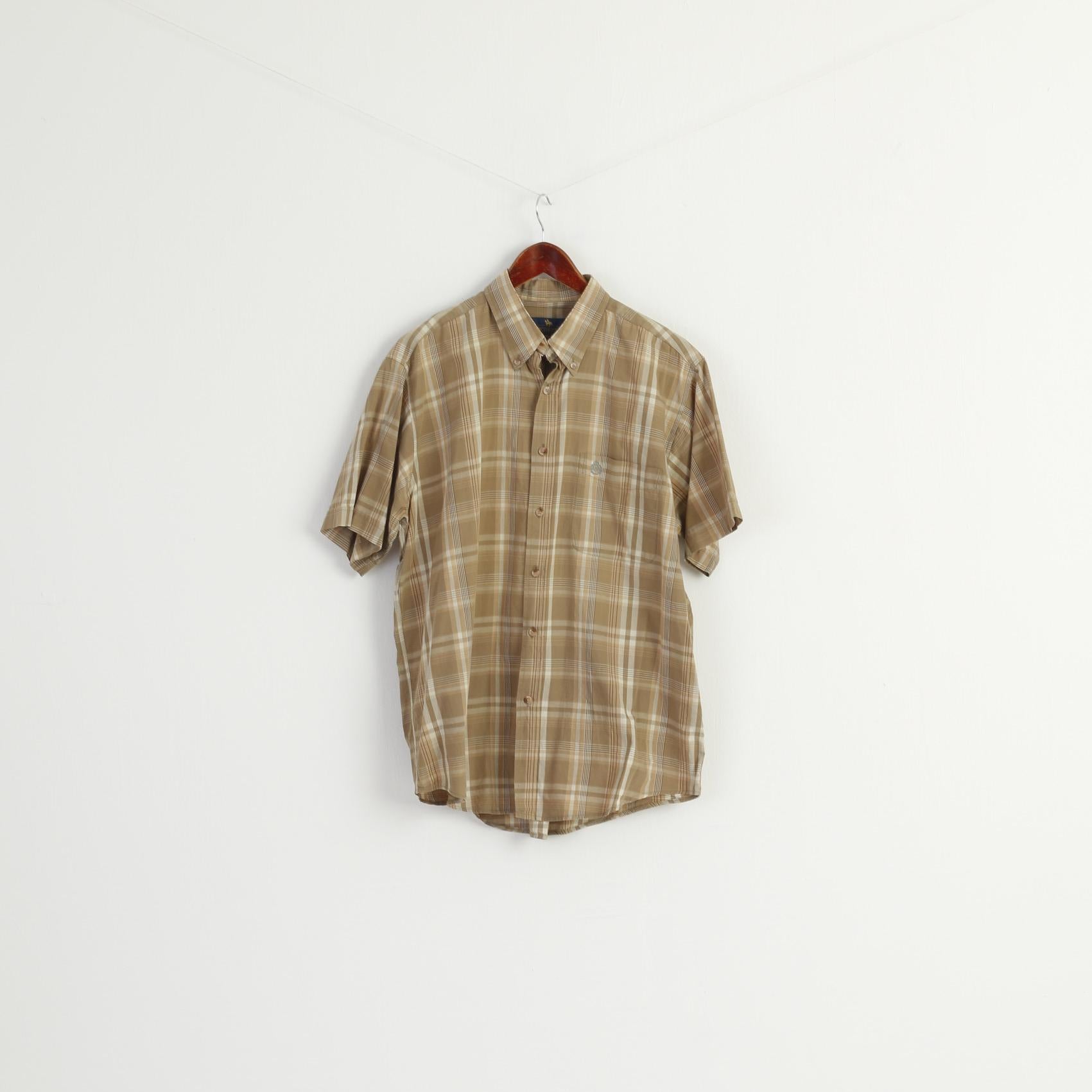 Mc Gordon Men L Casual Shirt Brown Check Cotton Western Vintage Short Sleeve Top