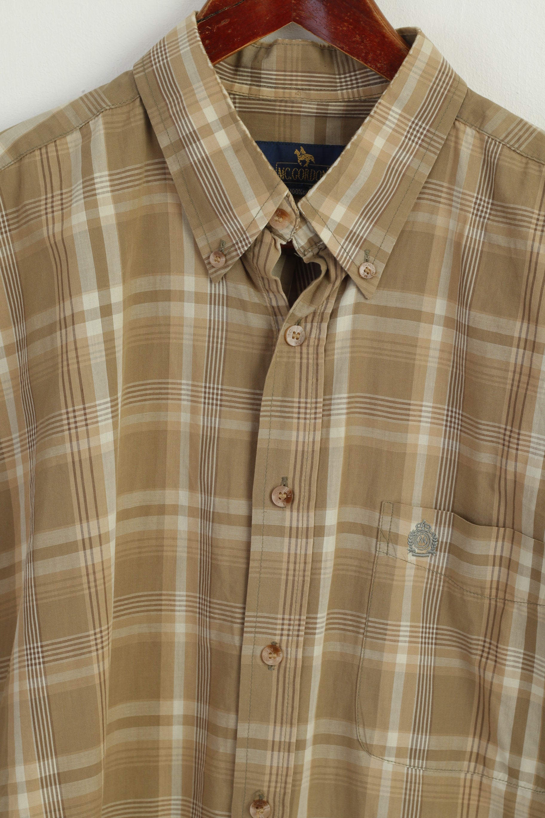 Mc Gordon Men L Casual Shirt Brown Check Cotton Western Vintage Short Sleeve Top