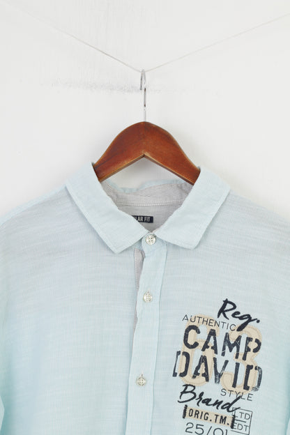 Camp David Men L Casual Shirt Regular Fit Blue Quality Garments Short Sleeve Cotton Striped Top