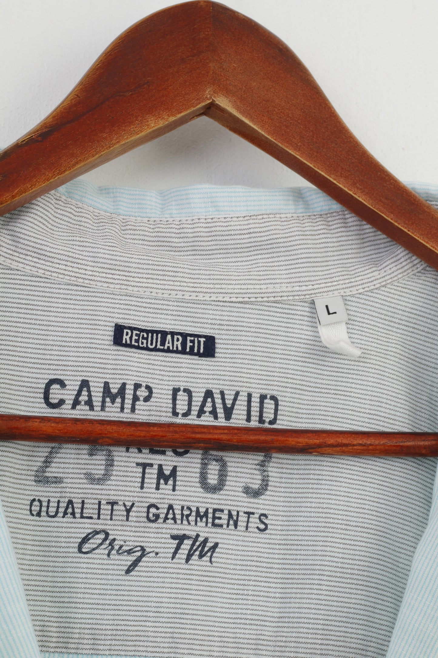 Camp David Men L Casual Shirt Regular Fit Blue Quality Garments Short Sleeve Cotton Striped Top