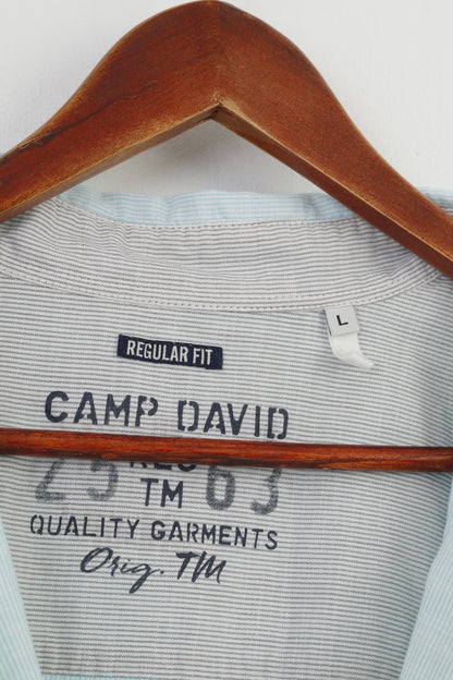 Camp David Camicia casual da uomo L Vestibilità regolare Blu Abbigliamento di qualità Top a righe in cotone a maniche corte