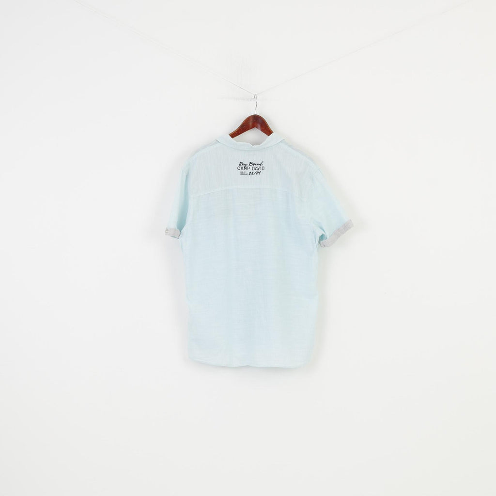 Camp David Men L Casual Shirt Regular Fit Blue Quality Garments Short Sleeve Cotton Striped Top