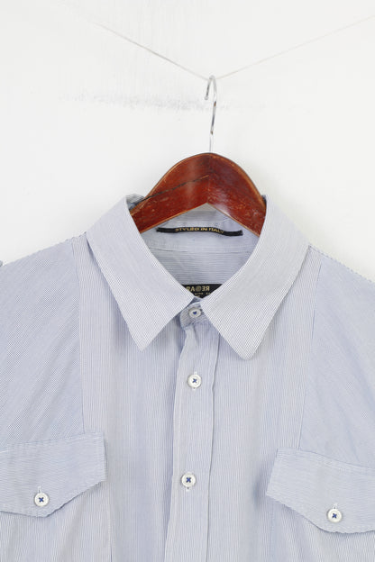 Rare Men XXXL L Casual Shirt Striped Blue Short Sleeve Cotton Collar Buttons Patches Styled in Italy Top