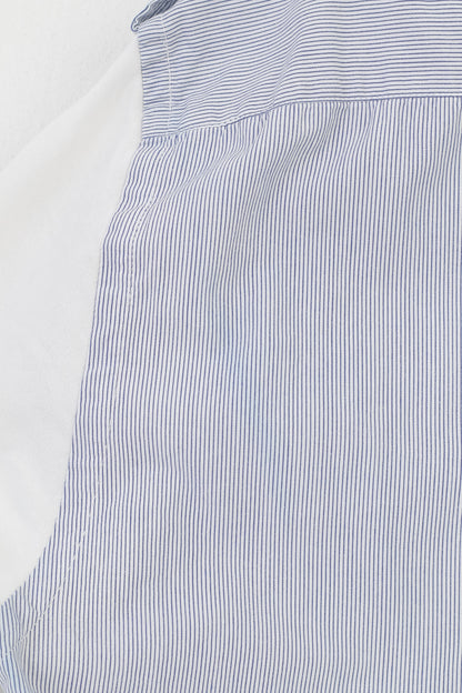 Rara camicia casual da uomo XXXL L a righe blu a maniche corte in cotone con colletto e bottoni toppe in stile italiano Top