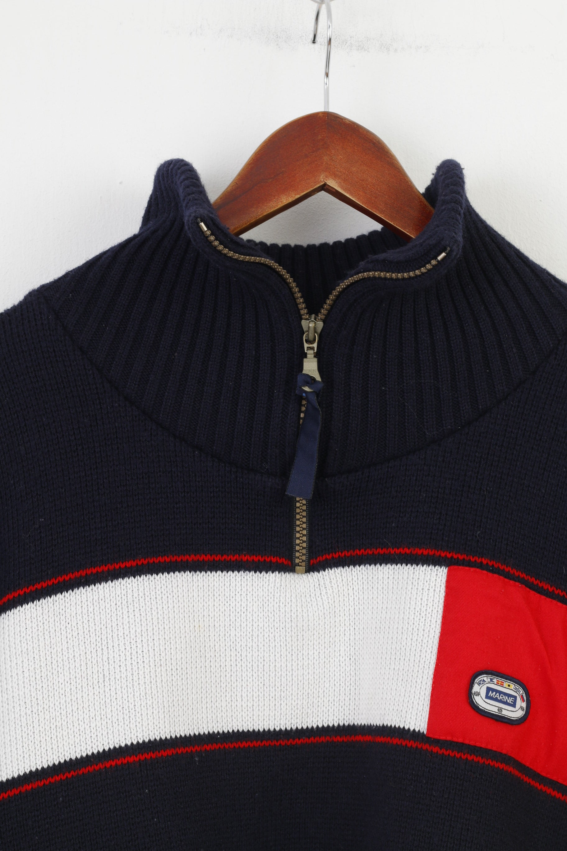 Navy Men M Jumper Navy Blue Zip Neck Collar Striped Long Sleeve Marine Top