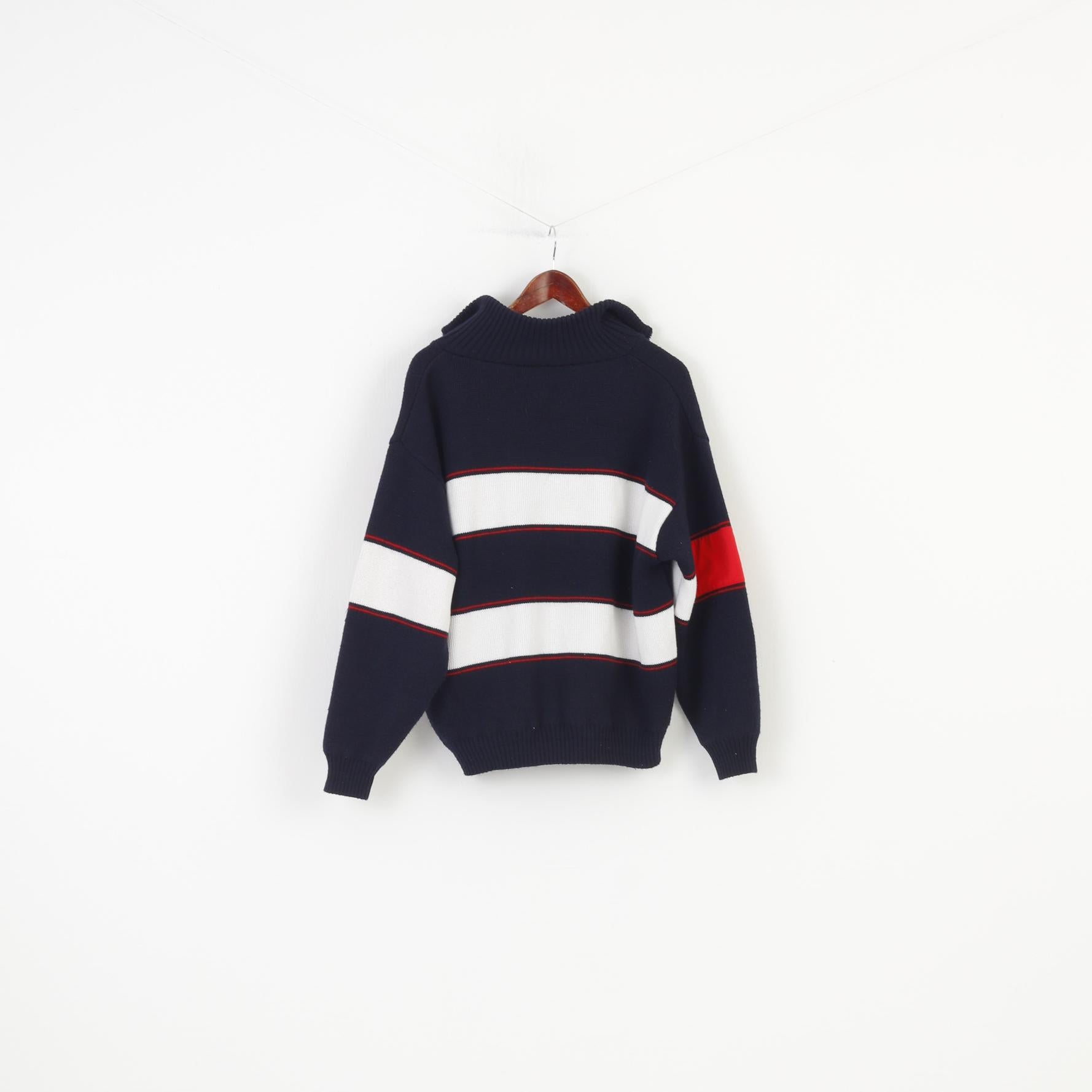 Maglione da uomo blu scuro M. Top marino a maniche lunghe a righe con colletto con zip blu scuro